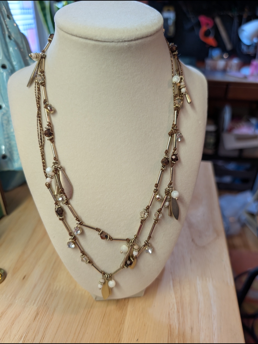 White House Black Market Gold-Tone Layered Necklace with White and Brown Accents